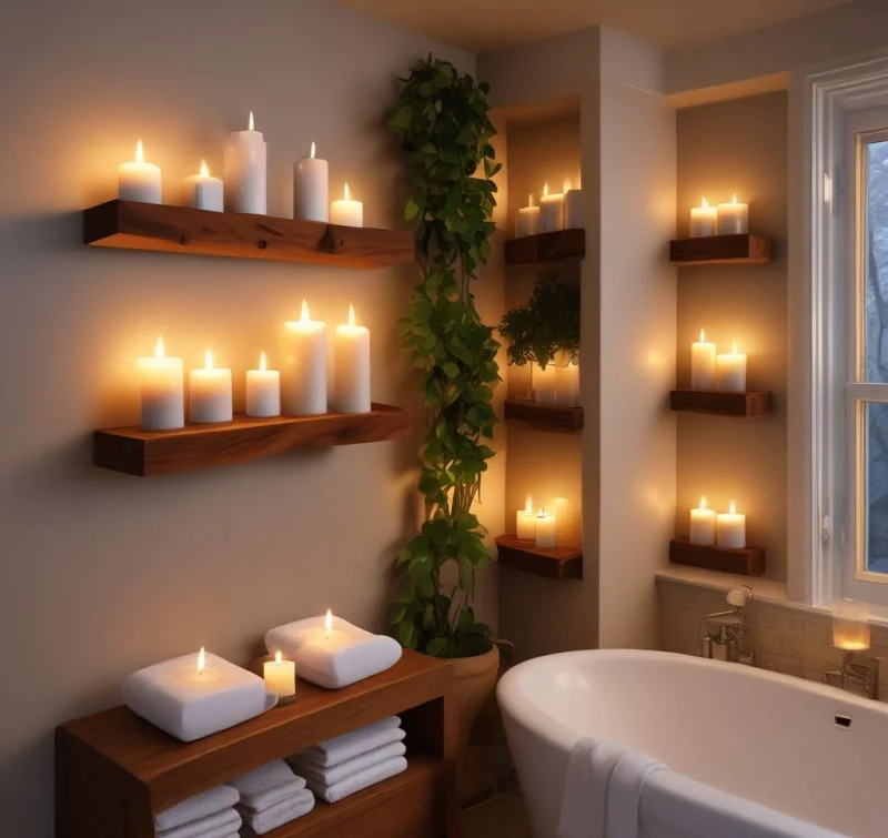 Add Candles and Wooden Shelves for Cozy Ambiance
