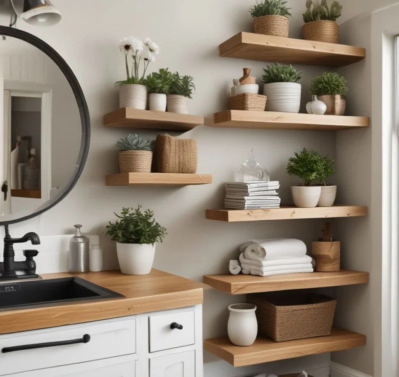 Add Floating Shelves for Minimalist Farmhouse Storage
