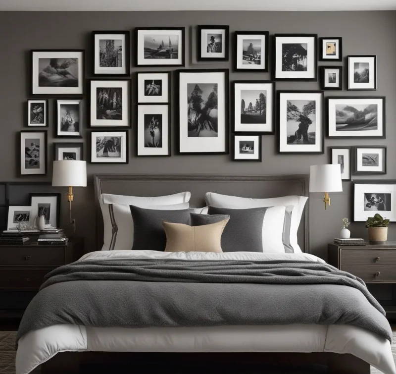 Artistic Grey Bedroom With Picture Display

