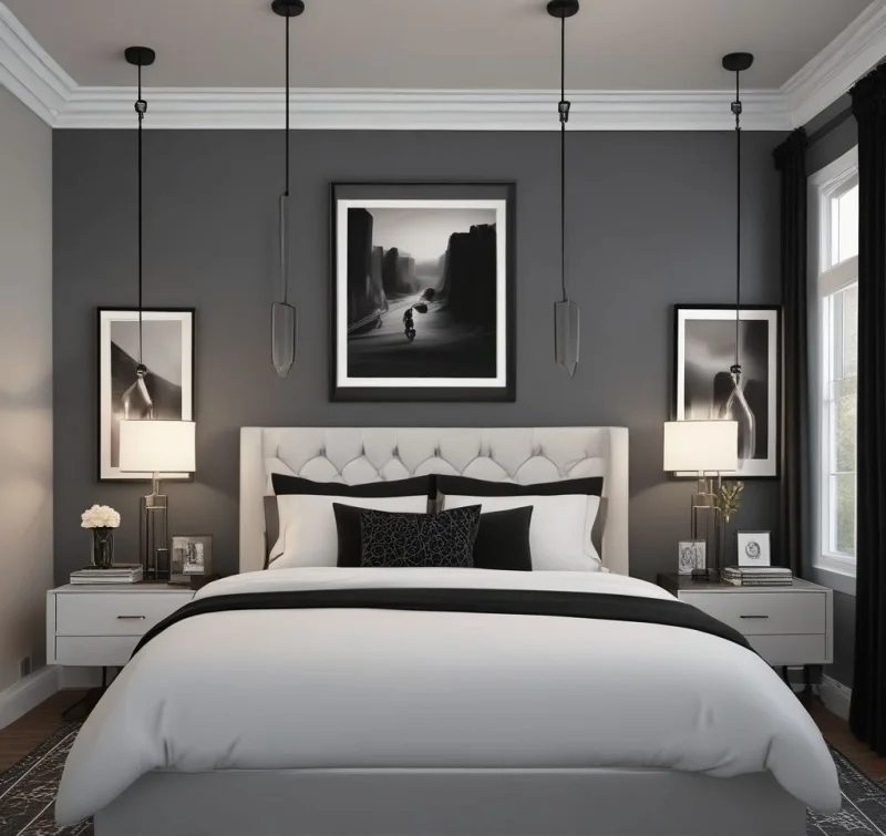 Bold Grey Bedroom With Dark Accents
