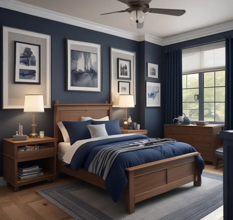 Boys Bedroom Featuring Deep Navy Details
