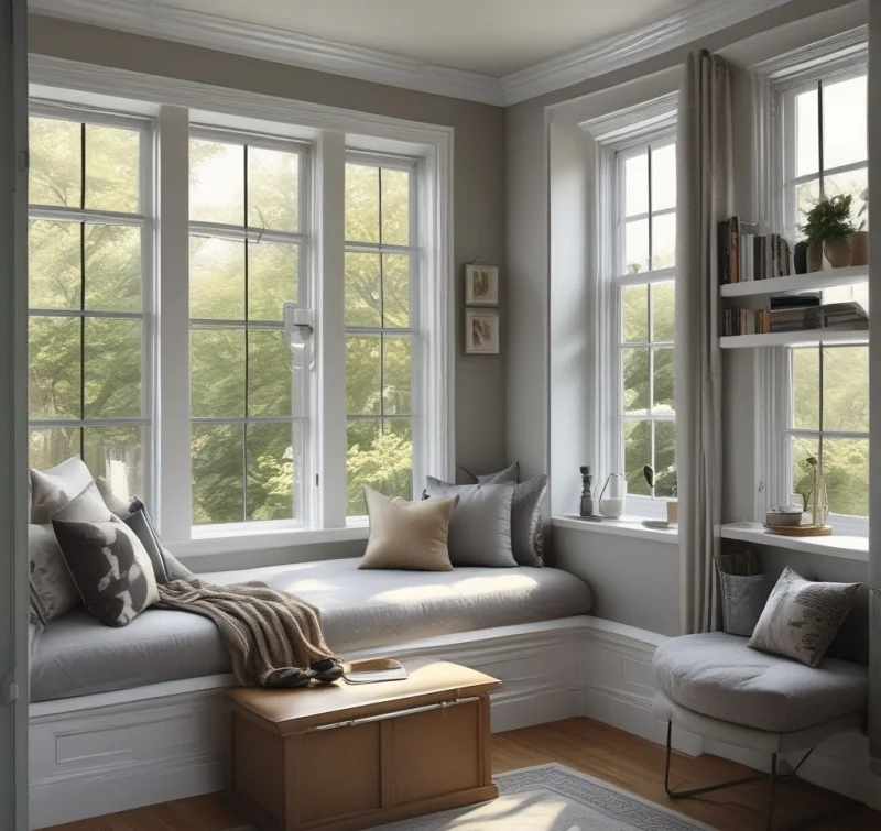 Bright Grey Bedroom With Window Seating
