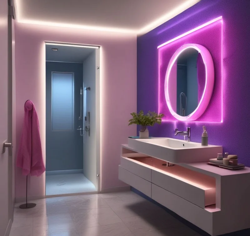 Bright Neon Lighting for Electric Bathroom Atmosphere
