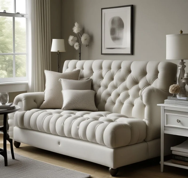 Button-Tufted Sleeper Sofa in Narrow Bedroom Layout
