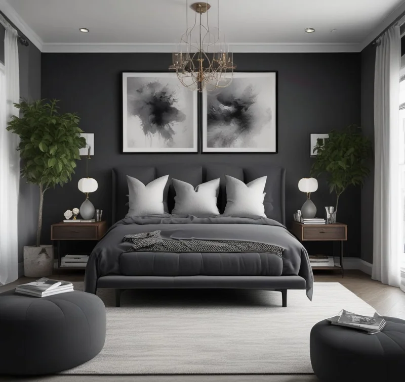 Charcoal Sleeper Sofa in Dramatic Guest Bedroom
