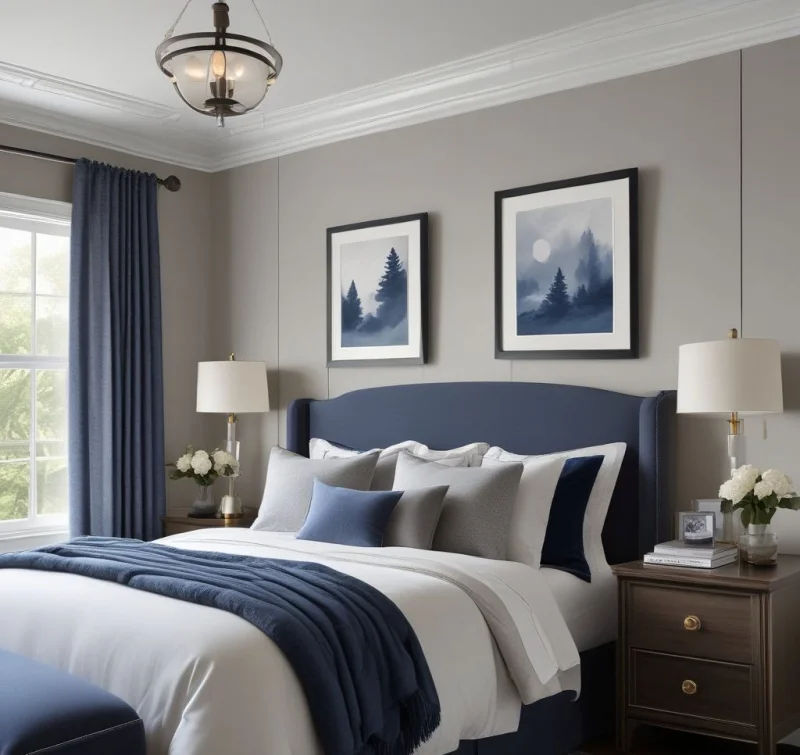 Classic Grey Bedroom With Blue Accents
