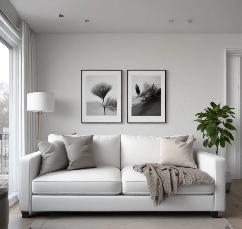 Clean White Sleeper Sofa in Minimalist Guest Space
