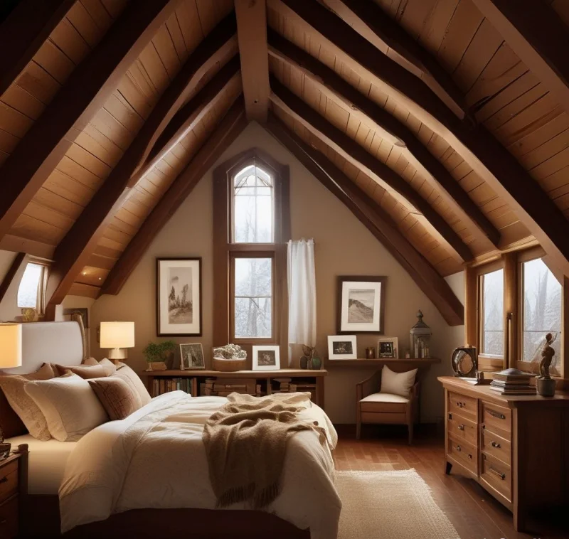 Cozy Attic Sanctuary with Warm Brown Elements
