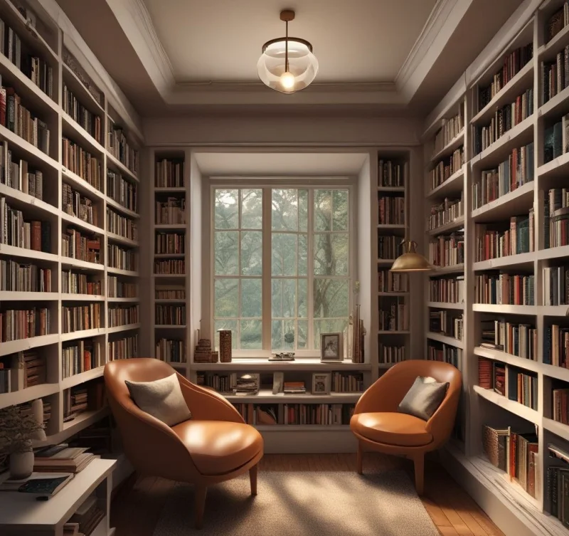 Cozy Reading Nook with Wraparound Bookshelves

