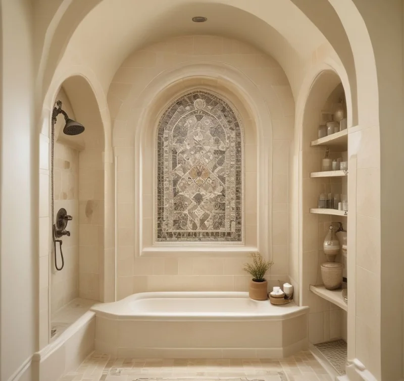 Curved Shower Nook in Cream Tones
