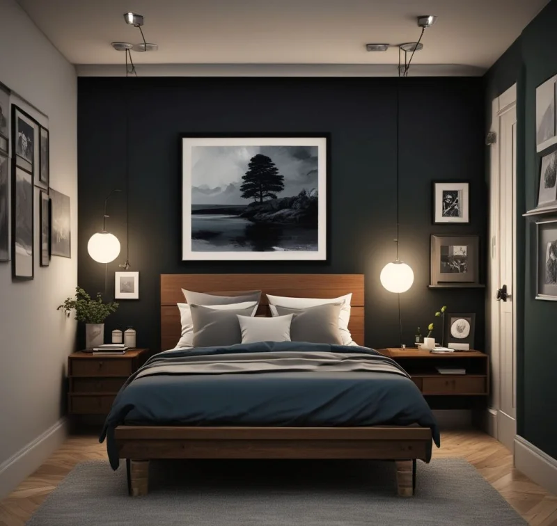 Dramatic Dark-Themed Small Bedroom
