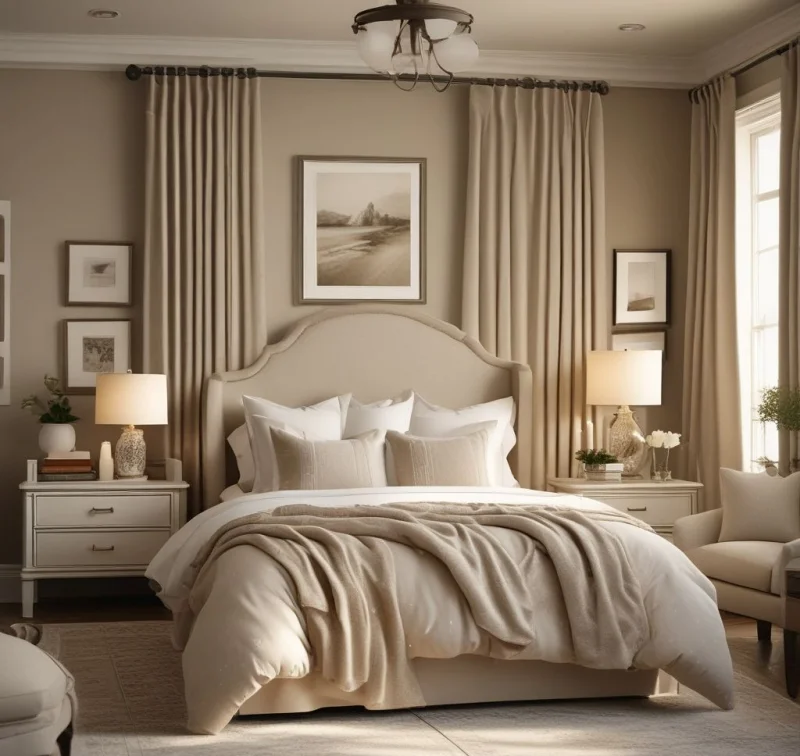 Dreamy Beige Bedroom with Luxurious Fabrics
