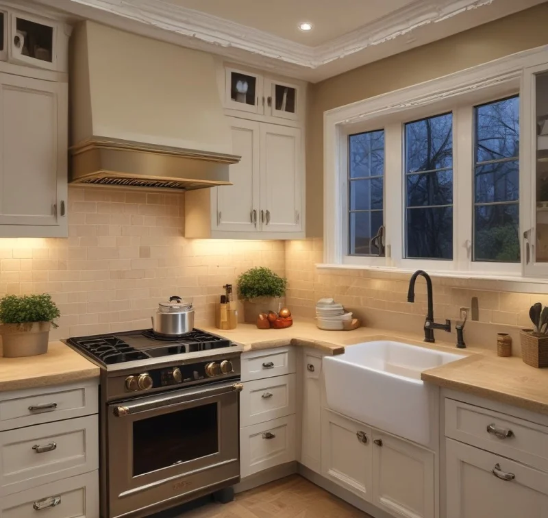 Elegant Beige Kitchen with Cozy Lighting
