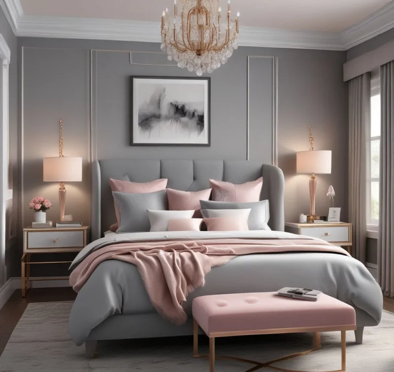 Elegant Grey Bedroom With Rose Gold Details
