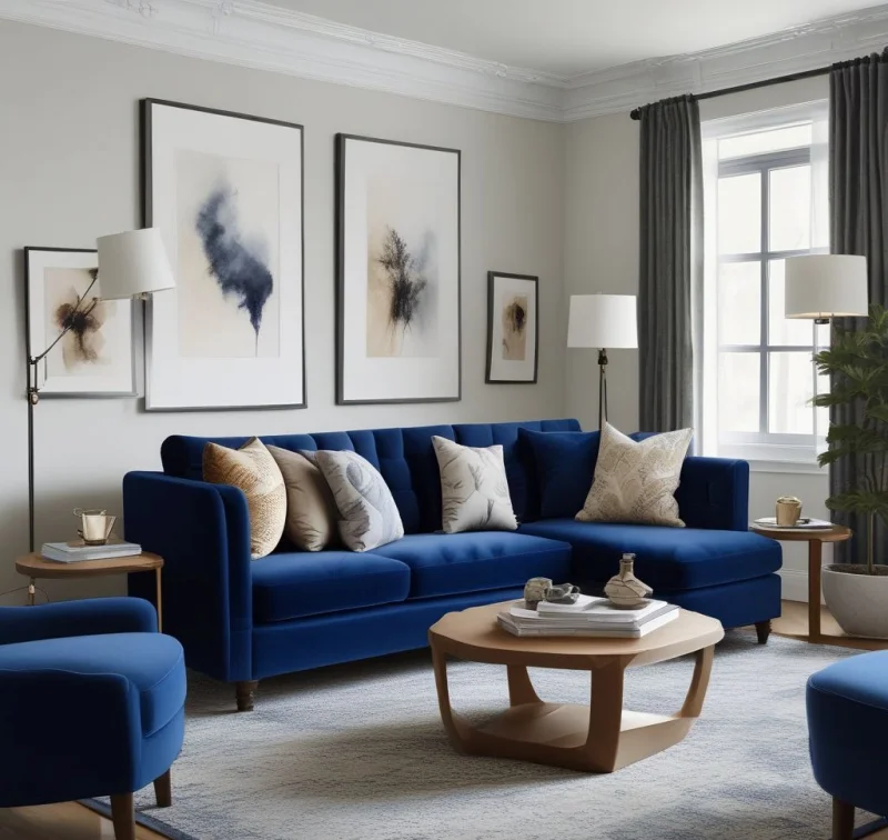Elegant Navy Velvet Sleeper Sofa in Sophisticated Guest Room
