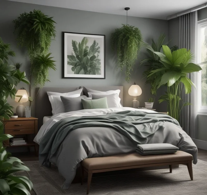 Fresh Grey Bedroom With Green Plants
