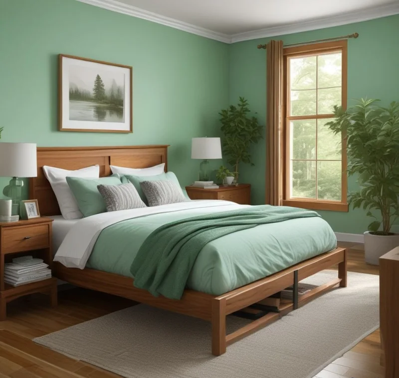Fresh Mint Green Room with Natural Wood Details
