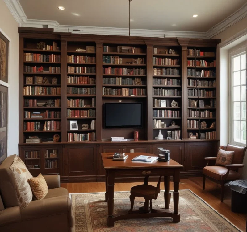 Home Office Library Combination with Built-In Elegance

