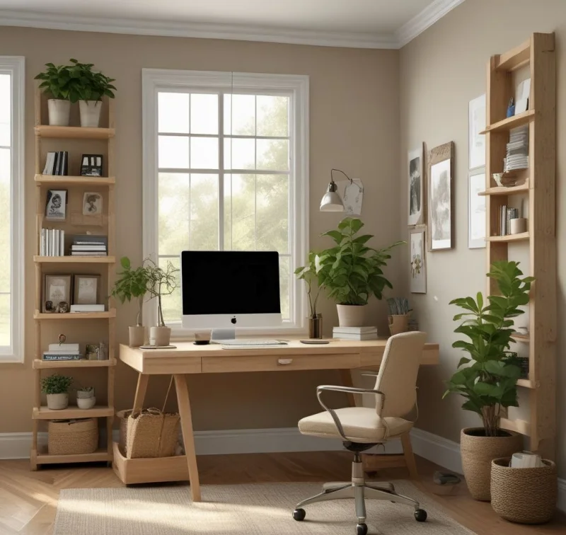Peaceful Beige Home Office with Organic Elements

