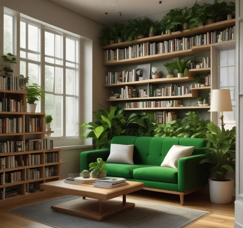 Plant-Filled Reading Sanctuary with Green Accents