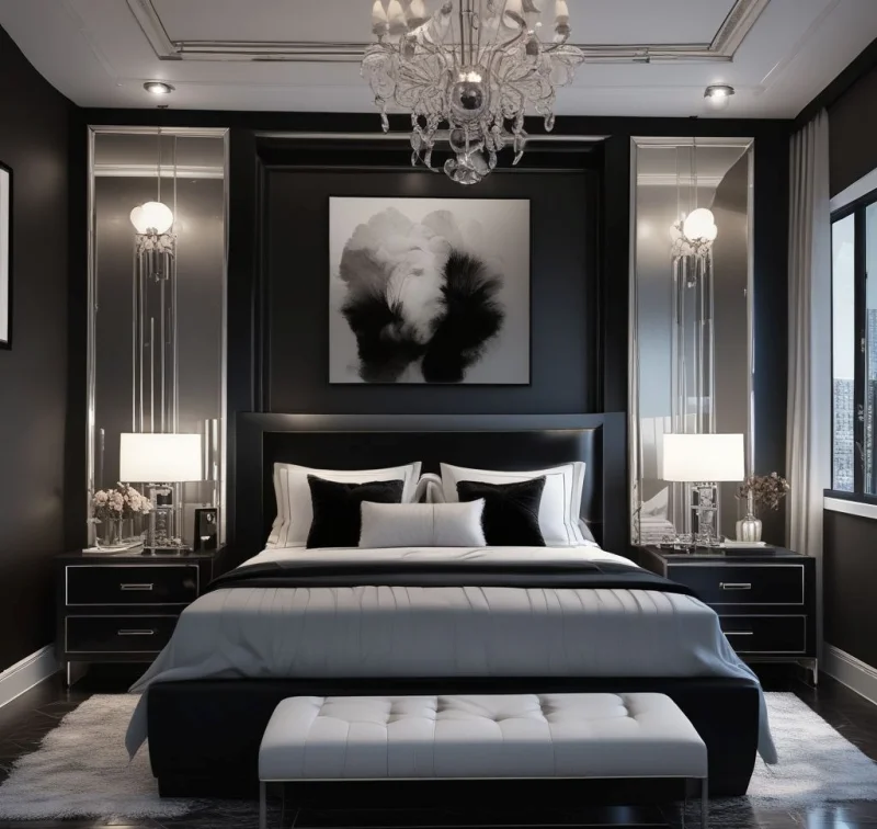 Premium Dark Bedroom with Reflective Wall Features
