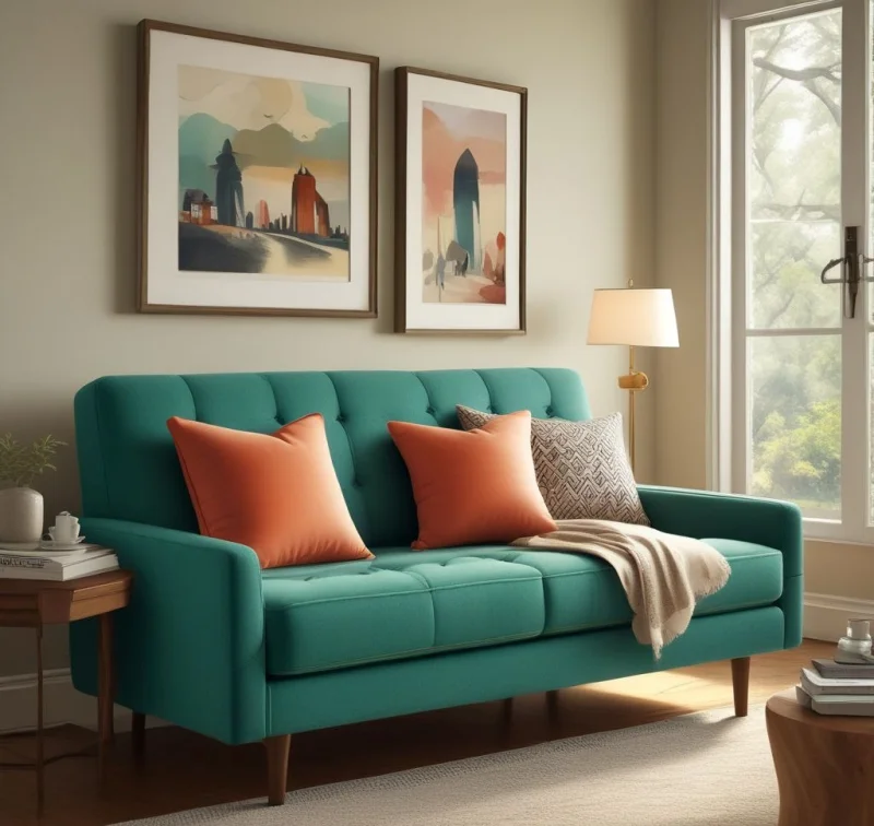 Retro Mid-Century Sleeper Sofa in Cheerful Guest Room
