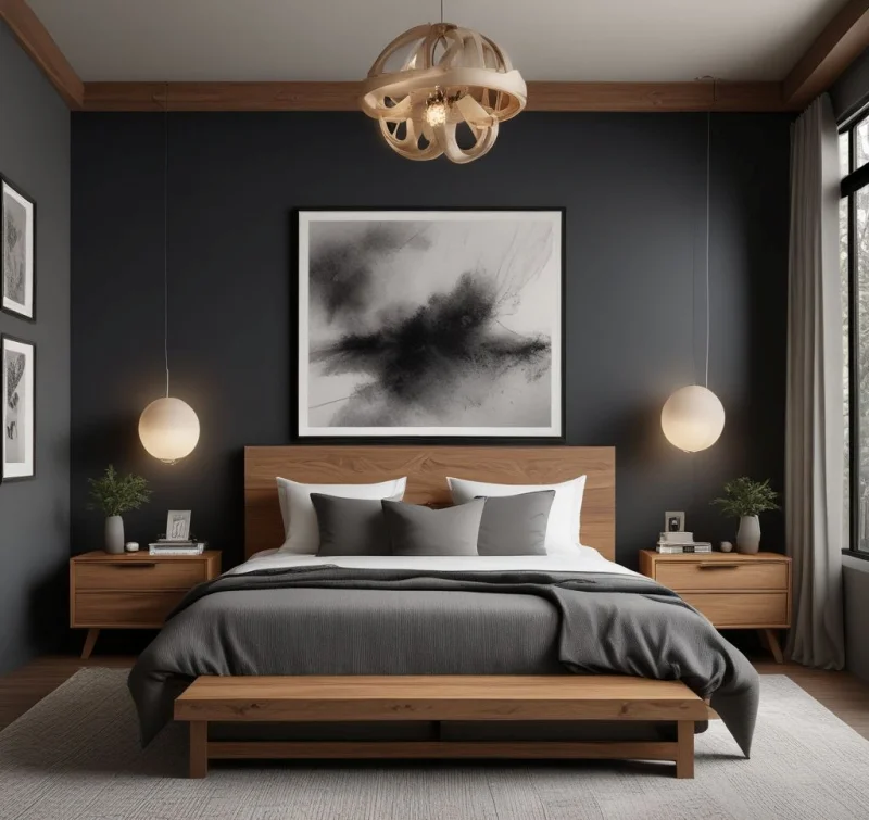Rich Grey And Natural Wood Bedroom
