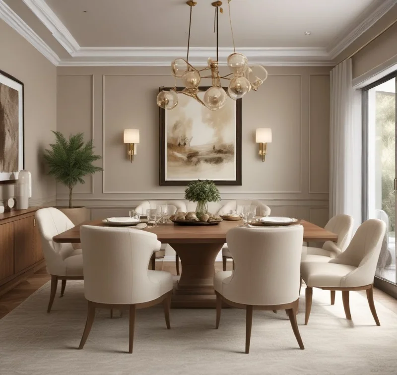 Sophisticated Beige Dining Space with Rich Textures
