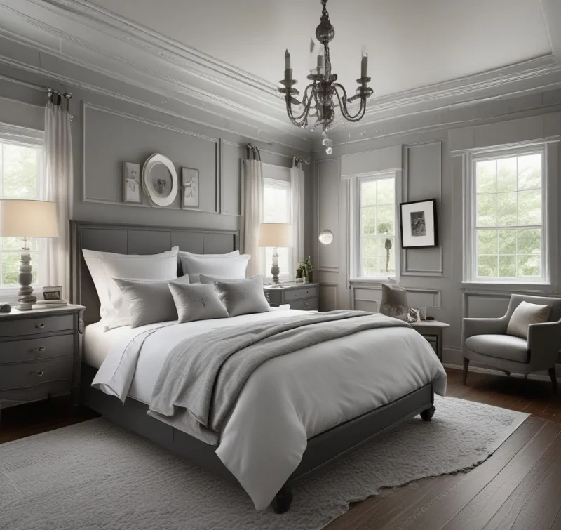 Textured Grey Bedroom With Wall Details
