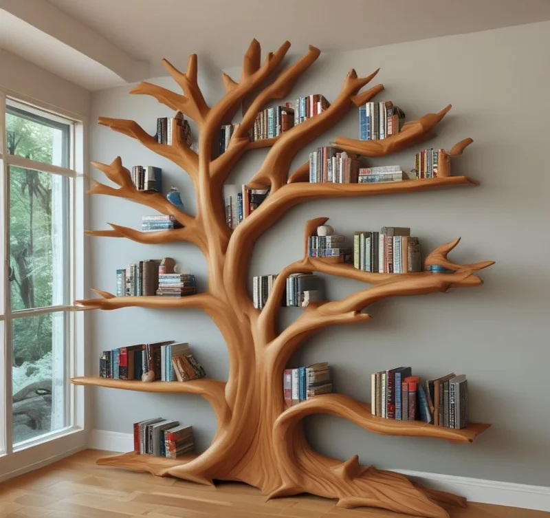 Tree-Inspired Wooden Shelving for Natural Reading Comfort
