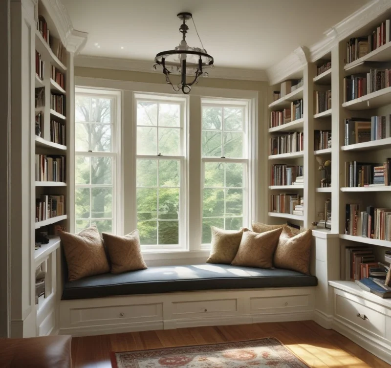 Window Seat Library with Integrated Book Storage
