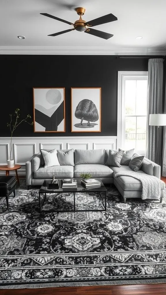 Black Living Zone With Statement Floor Covering
