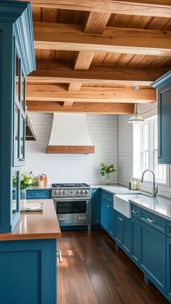 Blue Cabinetry Enhanced By Rustic Ceiling Beams
