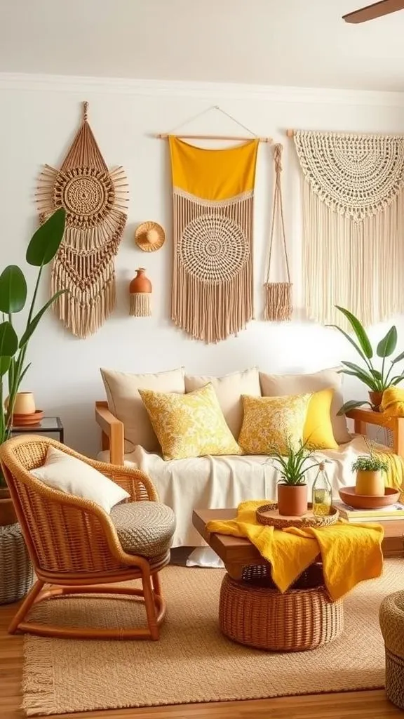 Boho Warmth With Rattan And Yellow Accents
