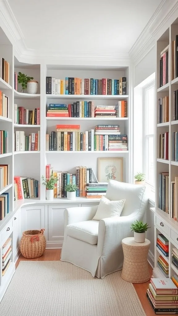 Bookshelf-Lined Cozy White Retreat
