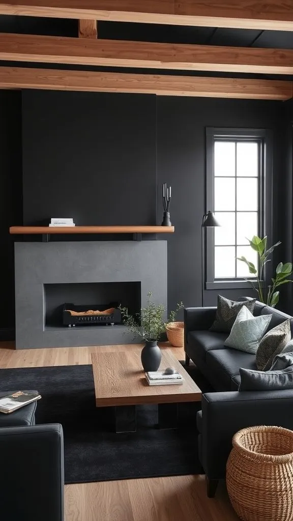 Charcoal Living Area With Natural Wood Elements
