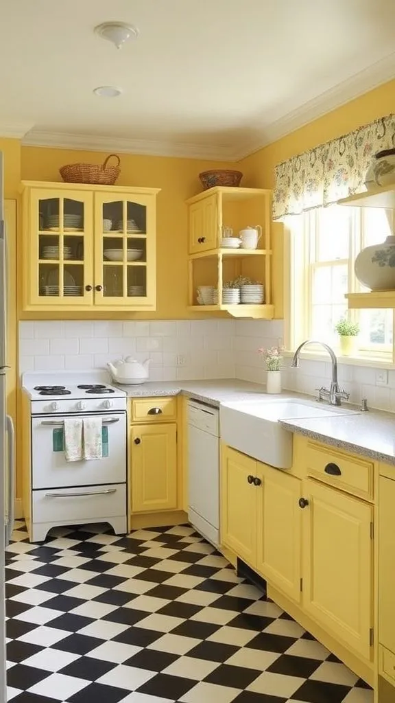 Charming Cottage-Style Yellow Kitchen With Classic Checkerboard Flooring
