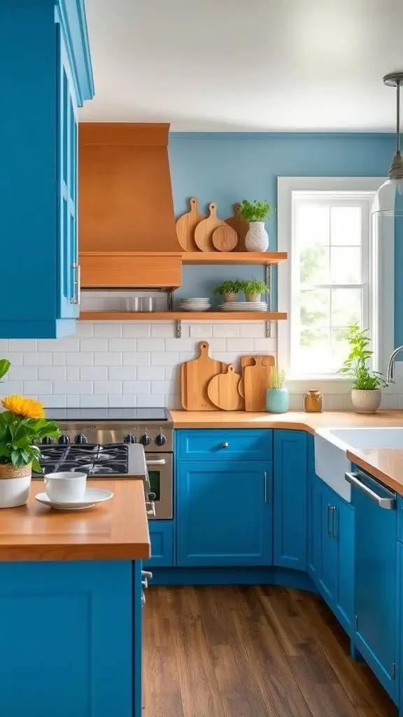 Cheerful Bright Blue Kitchen With Natural Wooden Elements
