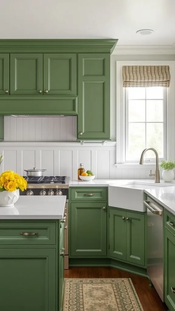 Classic Green Cabinets With Paneled Wall Details
