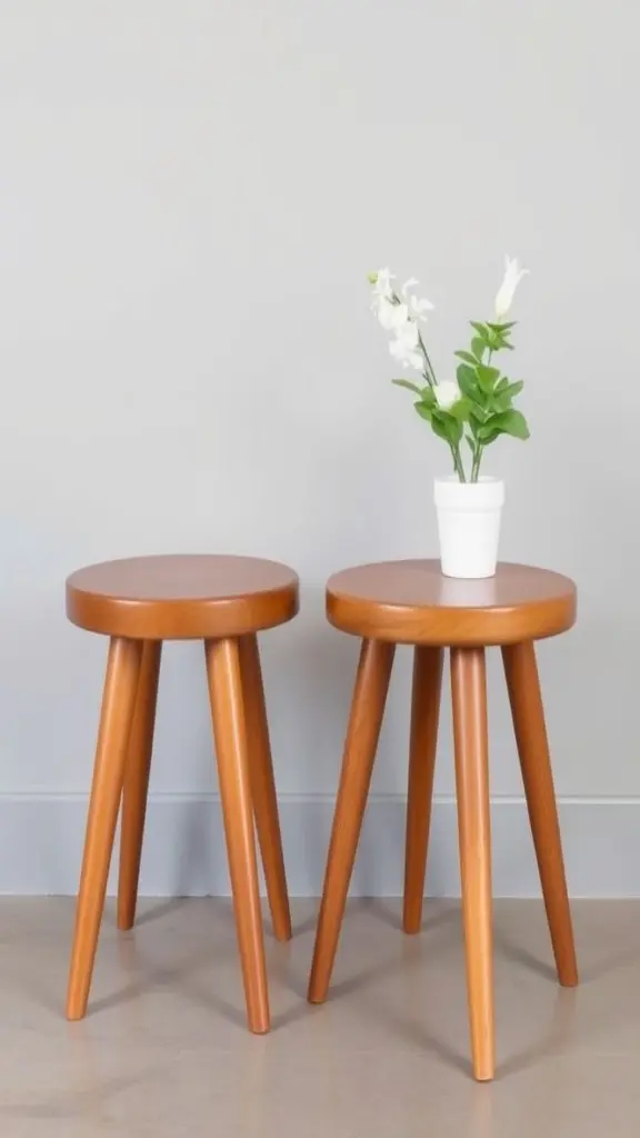 Classic Mid-Century Wooden Stools With Tapered Legs
