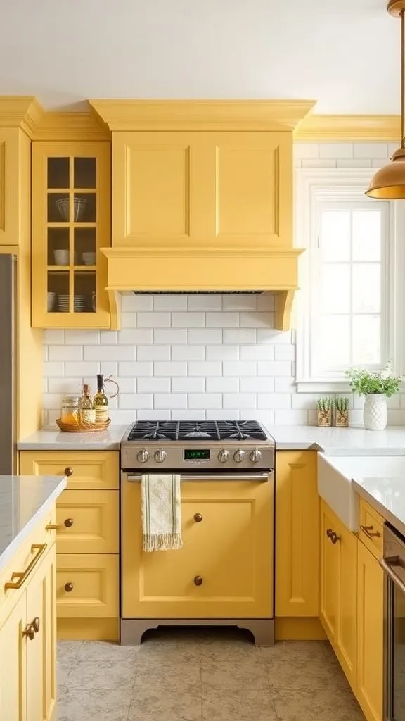 Classic Yellow Kitchen Featuring White Subway Tile Backdrop
