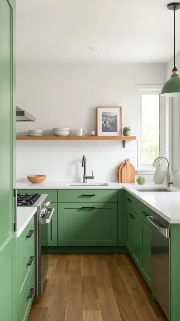 Clean-Lined Green Kitchen With No Upper Cabinets
