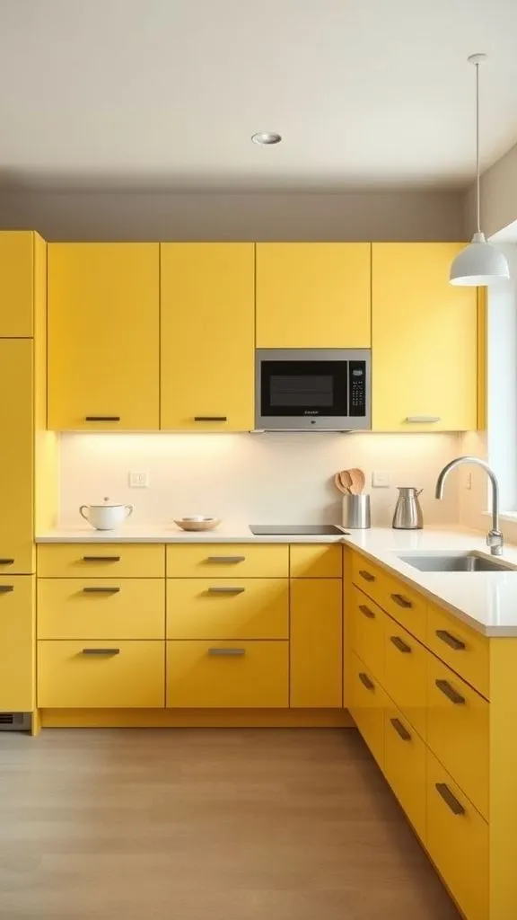 Clean-Lined Minimalist Yellow Kitchen With Seamless Handle-Free Cabinets