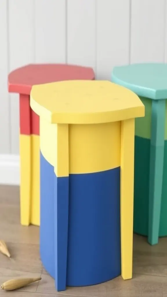 Colorful Two-Tone Painted Wooden Stools
