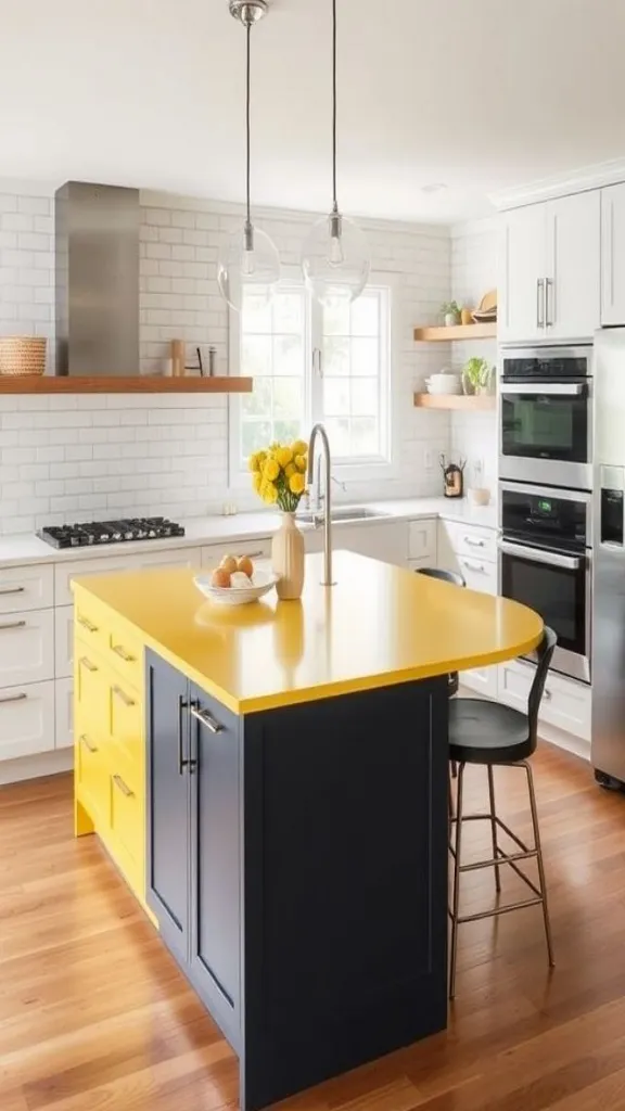 Contemporary Kitchen Featuring A Striking Yellow Island
