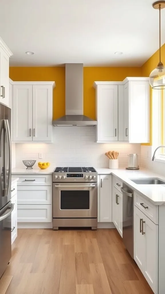 Contemporary Yellow Kitchen Paired With Crisp White Cabinetry
