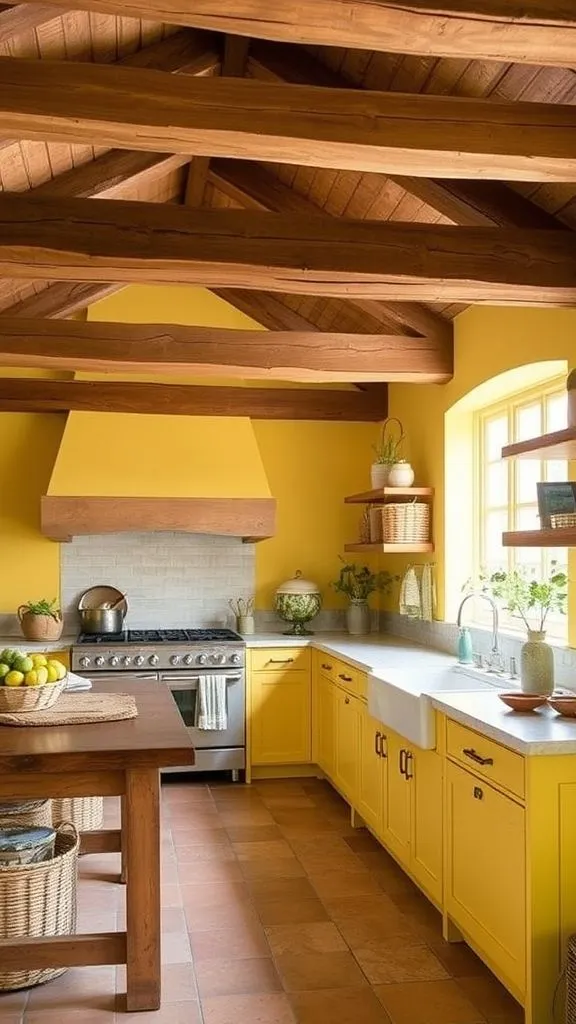 Countryside Yellow Kitchen With Dramatic Exposed Wooden Beams