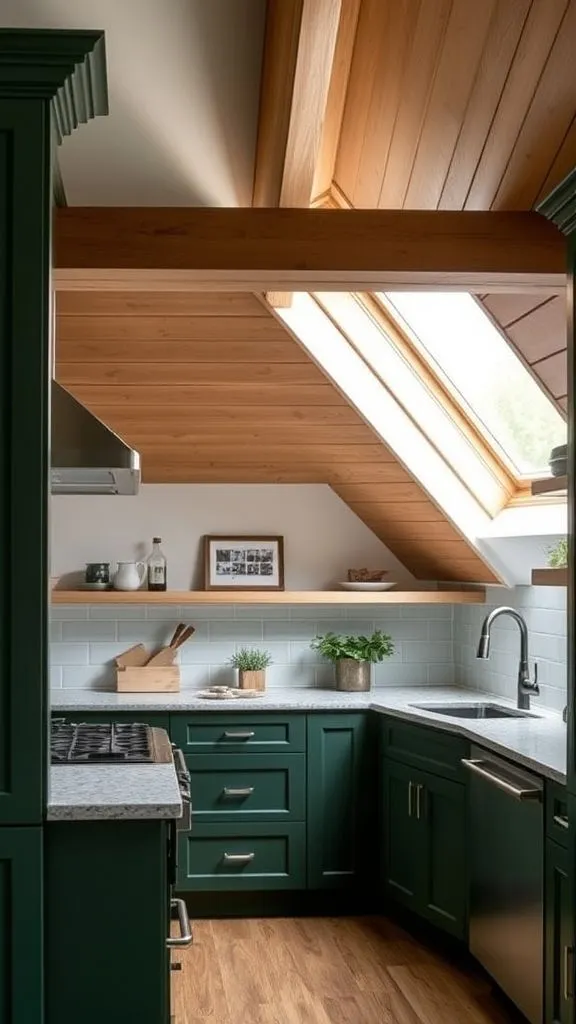 Dark Cabinets Under Sloped Ceiling With Exposed Wooden Beam
