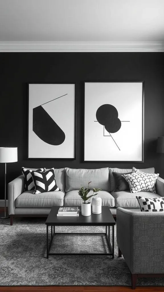 Dark Living Space With Angular Visual Art
