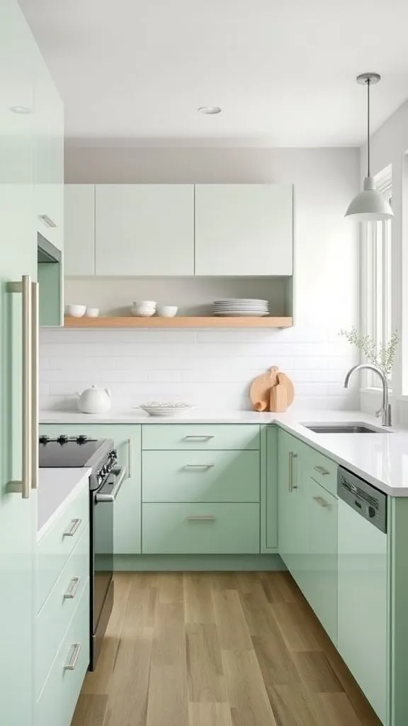 Delicate Mint Cabinets In Sleek Contemporary Space
